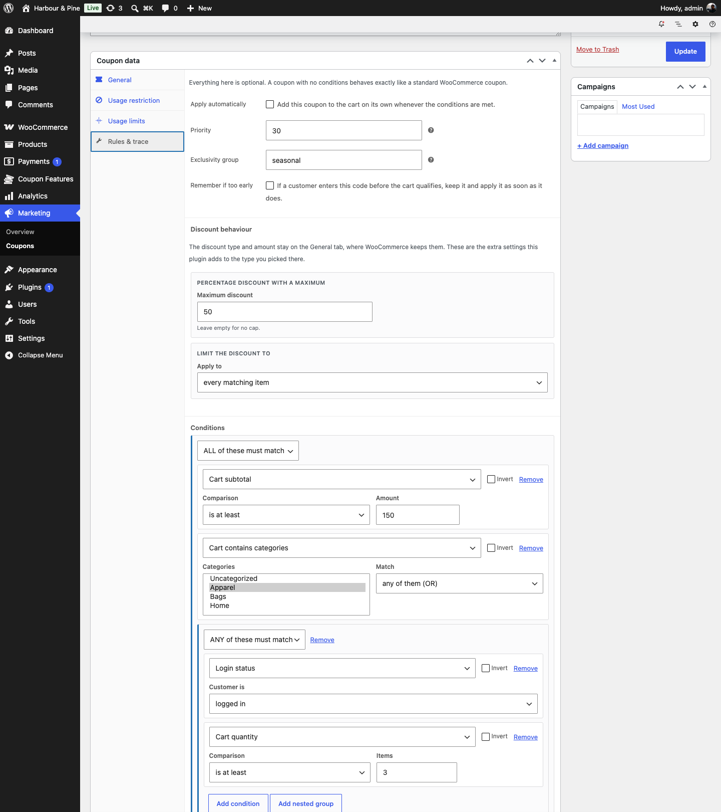 The Rules and trace tab on the WooCommerce coupon screen, showing apply automatically, priority, exclusivity group, a maximum discount, and nested ALL/ANY condition groups.
