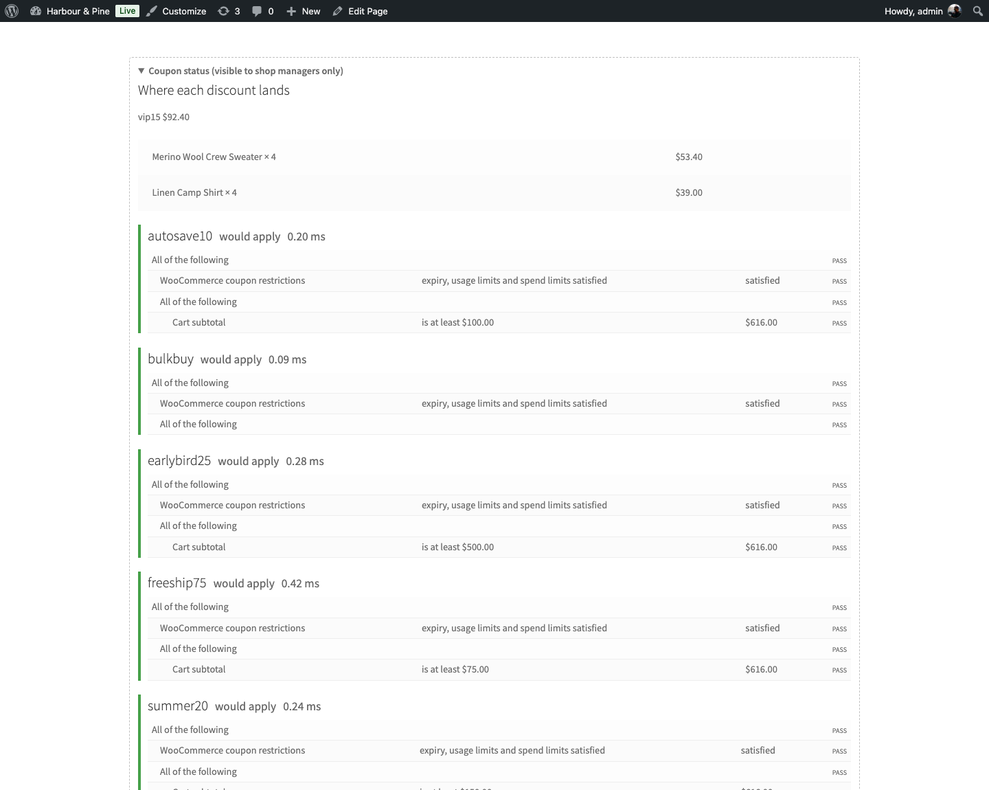 The cart seen by a shop manager: each coupon listed with every condition, the expected value beside the actual one, and a pass or fail for each.