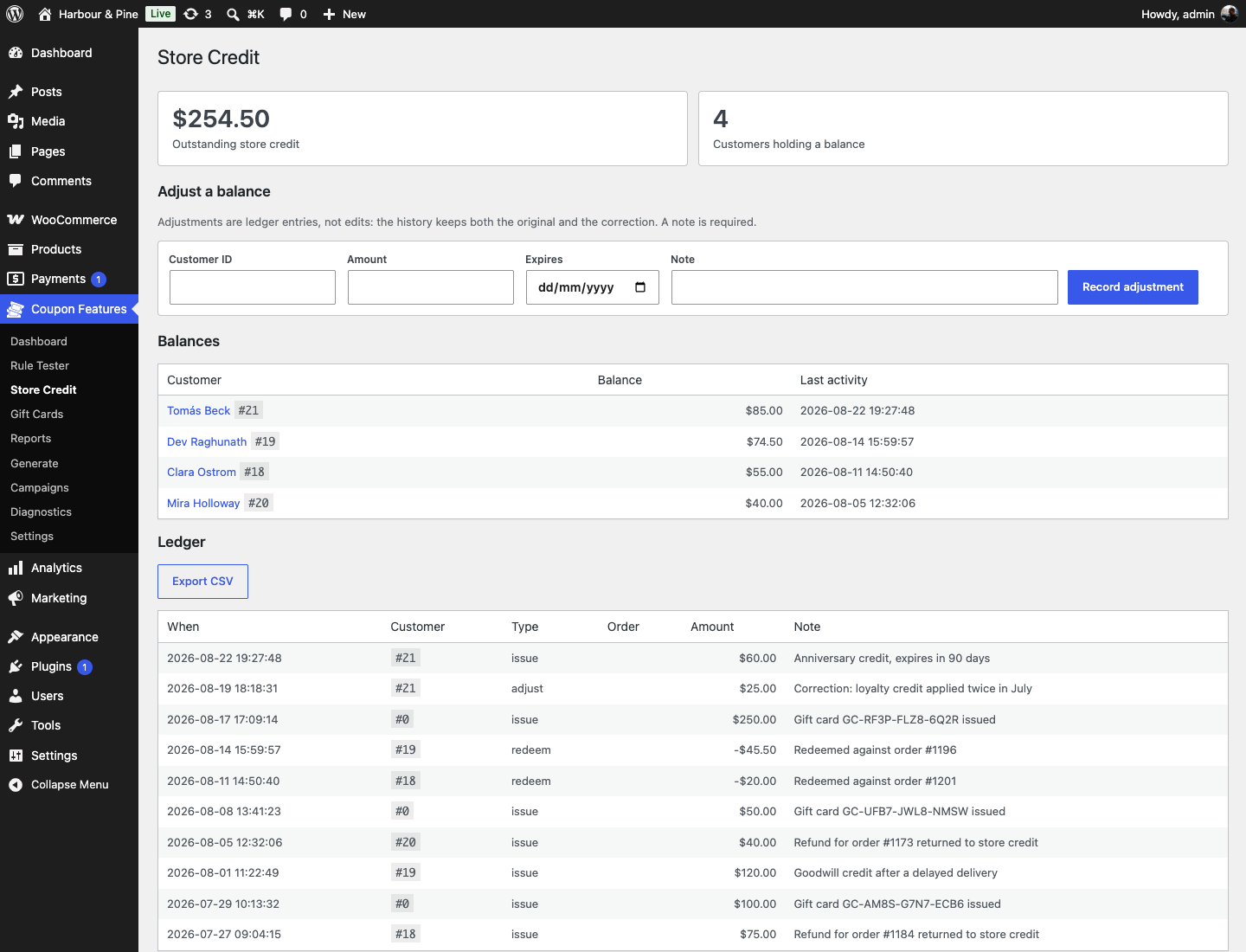 The store credit screen: outstanding liability, balances by customer, and the ledger history behind them.